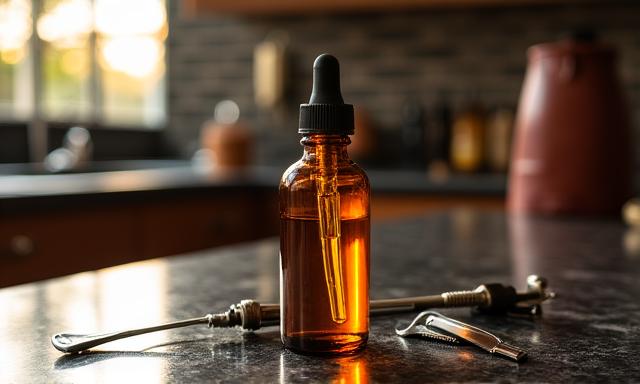 Detalle de frasco de aceite para barba en entorno rústico